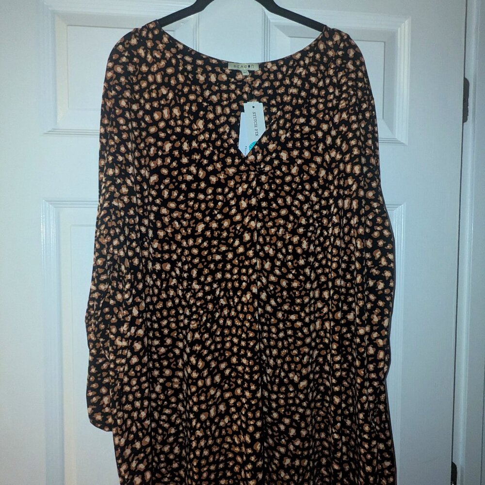 Black Blouse 3/4 sleeve with brown and cream leopard print design NWT